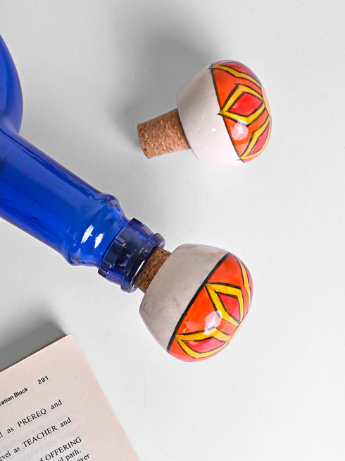 Orange and Yellow with line design wine bottle stoppers (Set of Two).
