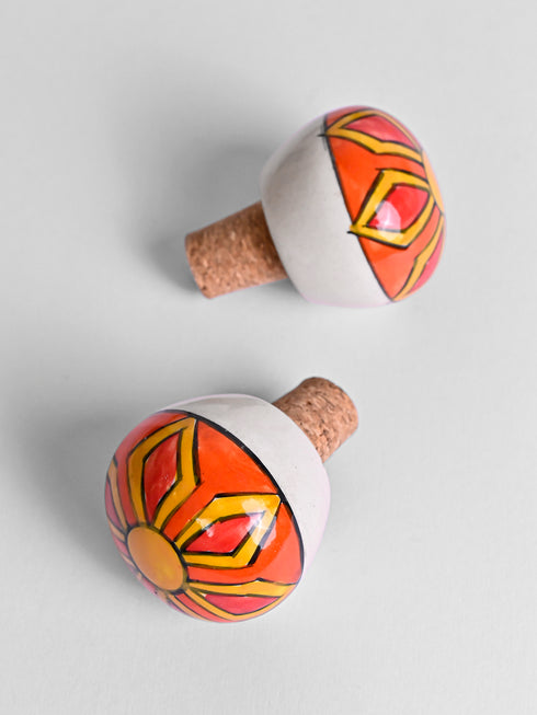 Orange and Yellow with line design wine bottle stoppers (Set of Two).