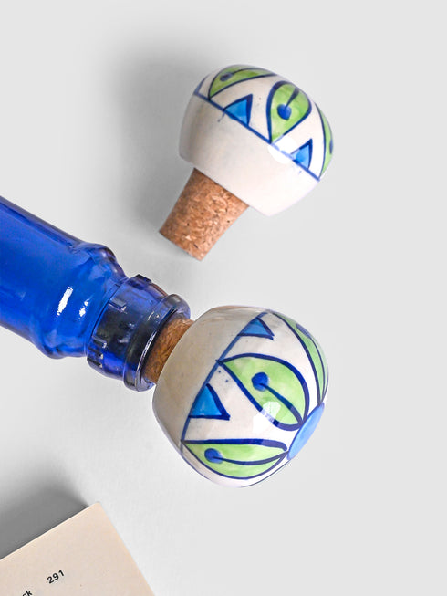 Green Leaves design with white color base Wine Bottle Stoppers (Set of Two).