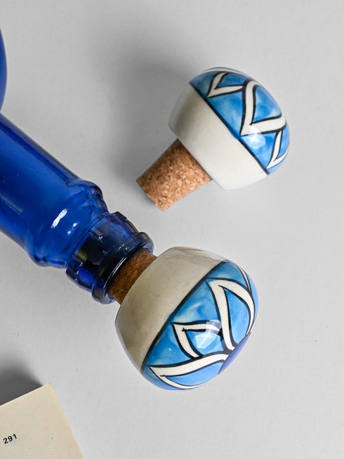 Turquoise and Blue with line design White color wine bottle stoppers (Set of Two).