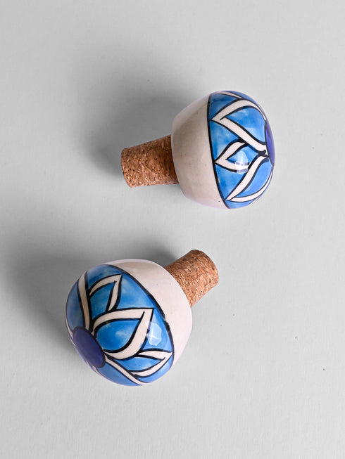 Turquoise and Blue with line design White color wine bottle stoppers (Set of Two).