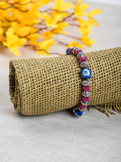 Handmade Stretchable Bracelet With Blue Pottery Beads