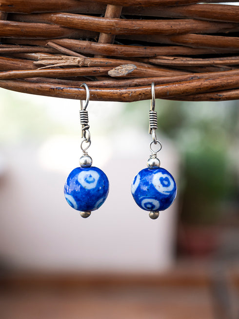 Single Blue Pottery Bead Earrings ( Blue & White )