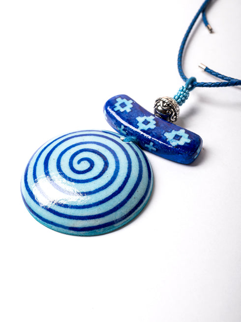 Blue Pottery Pendent Necklace ( Blue )
