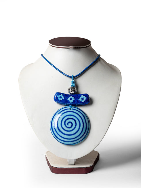 Blue Pottery Pendent Necklace ( Blue )