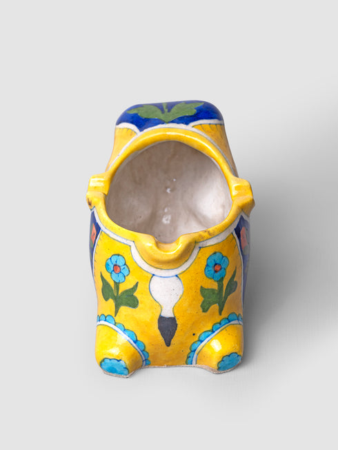 Blue Pottery Elephant Plant Holder Yellow & Blue