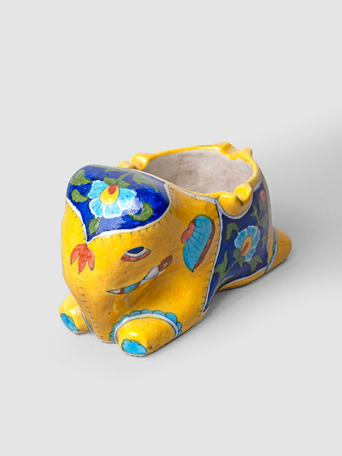 Blue Pottery Elephant Plant Holder Yellow & Blue