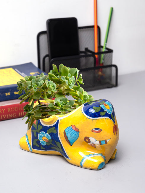 Blue Pottery Elephant Plant Holder Yellow & Blue
