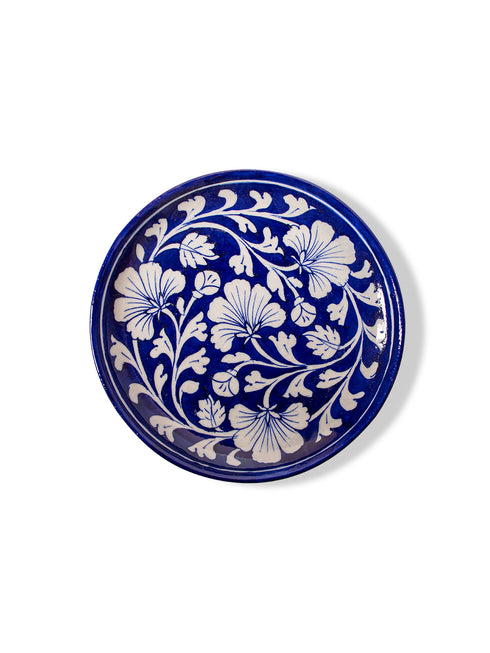 Blue Pottery Decorative Plate in Blue Base & White Florals