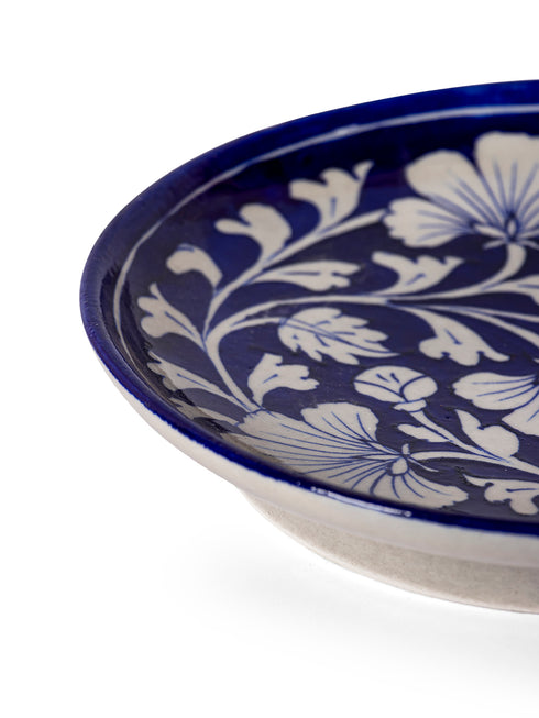 Blue Pottery Decorative Plate in Blue Base & White Florals