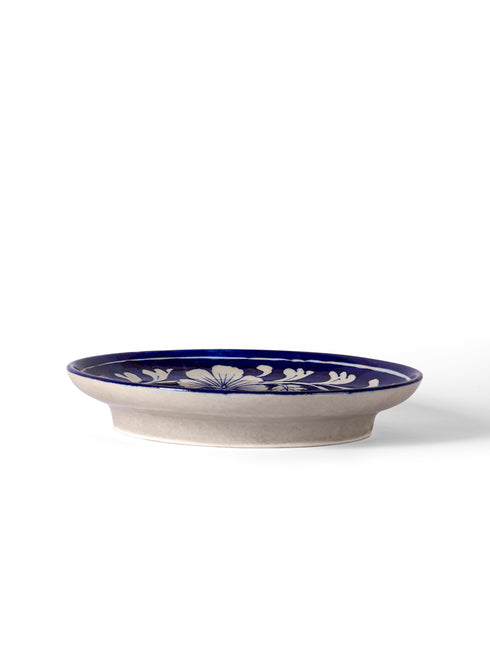 Blue Pottery Decorative Plate in Blue Base & White Florals
