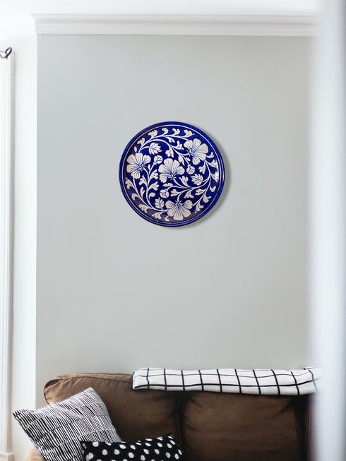 Blue Pottery Decorative Plate in Blue Base & White Florals