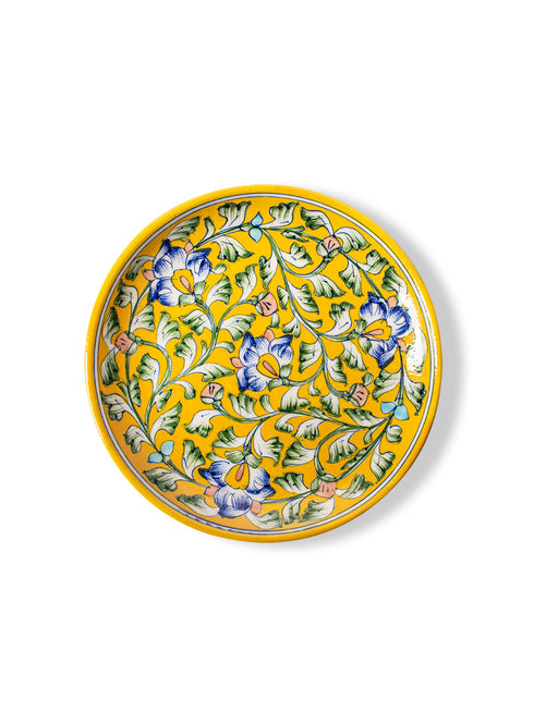 Blue Pottery Decorative Plate in Yellow Base & Multi Flowers