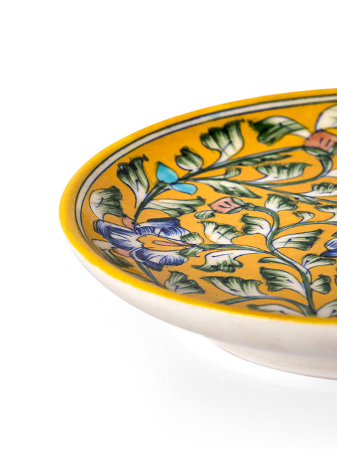 Blue Pottery Decorative Plate in Yellow Base & Multi Flowers