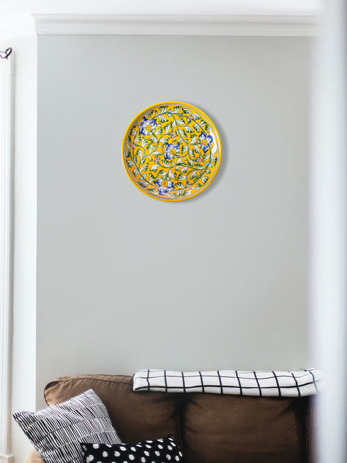 Blue Pottery Decorative Plate in Yellow Base & Multi Flowers