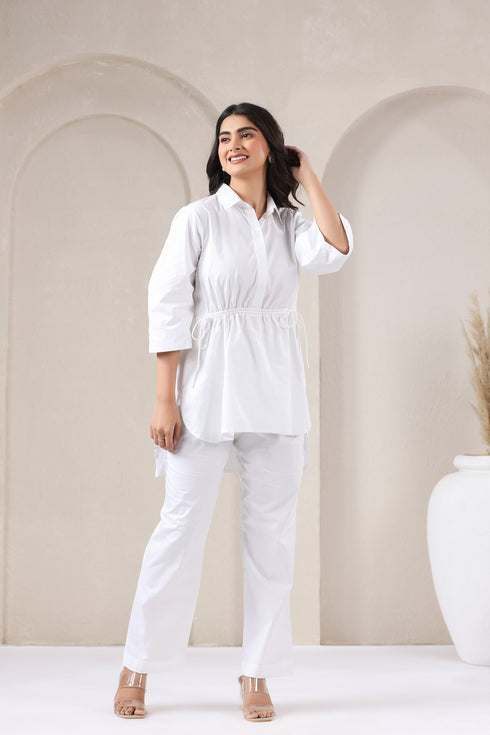 Pop White Top Pant Set With String Effect