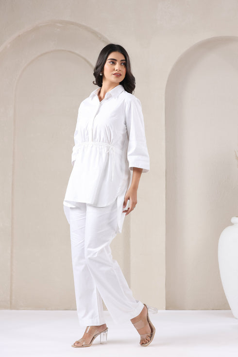 Pop White Top Pant Set With String Effect