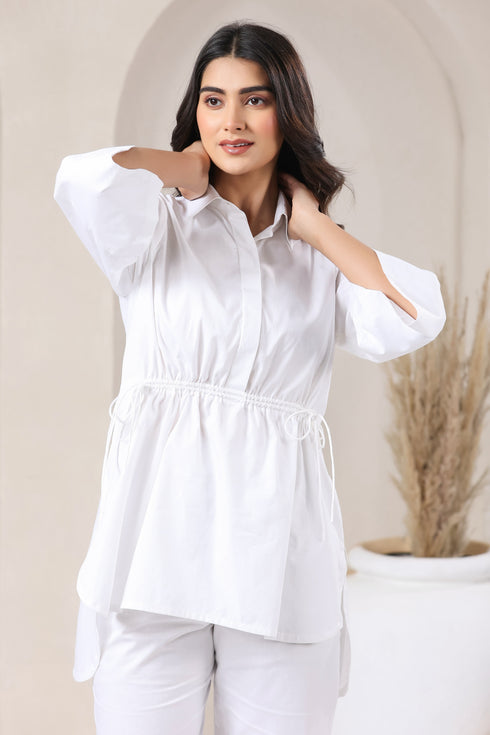 Pop White Top Pant Set With String Effect