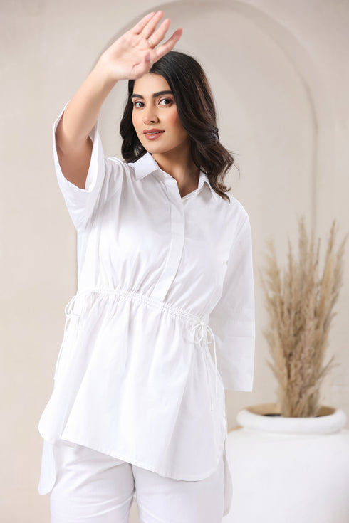 Pop White Top Pant Set With String Effect