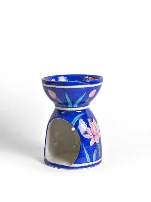 Jaipur Blue Pottery Handmade Aroma Oil Diffuser Med. in Blue Base with Pink lotus Flower