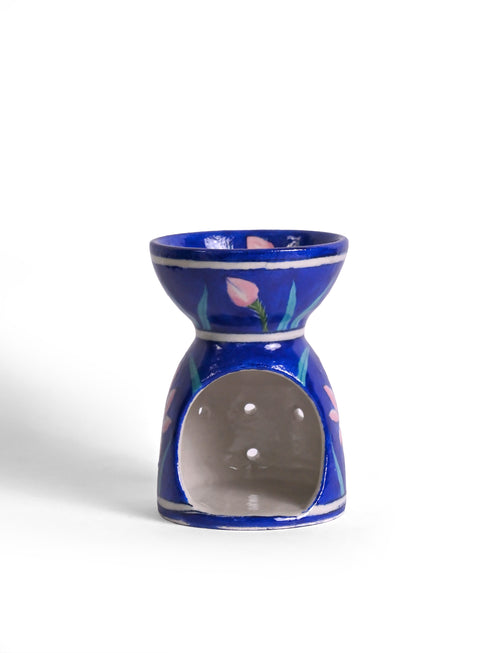 Jaipur Blue Pottery Handmade Aroma Oil Diffuser Med. in Blue Base with Pink lotus Flower