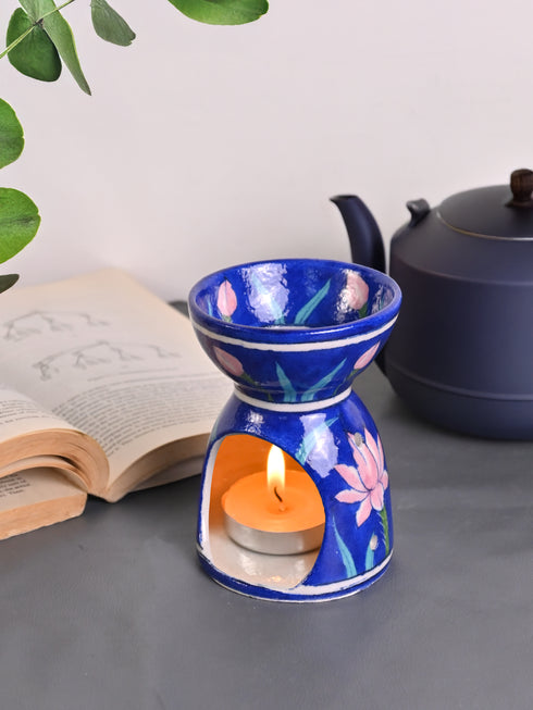 Jaipur Blue Pottery Handmade Aroma Oil Diffuser Med. in Blue Base with Pink lotus Flower