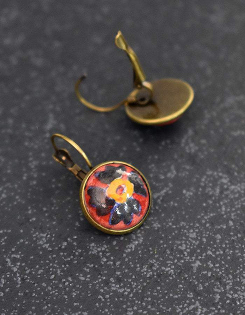 Button Pendant Earrings ( Red & Black )