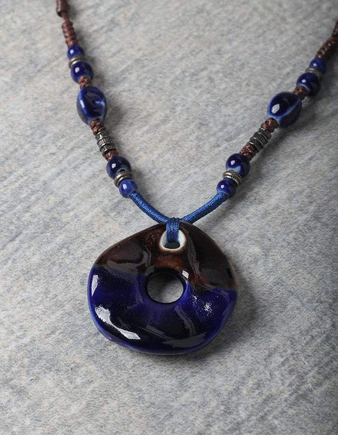 Round Blue and Brown Tassel Pendant with Brown Thread