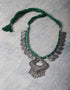 Leafy Pattern White Metal Necklace with Green Thread Closure