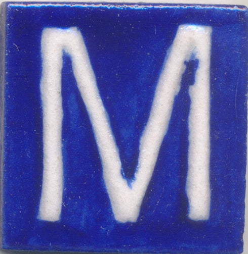 White M alphabet blue tile (2x2)