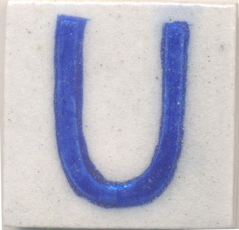 Blue U alphabet white tile (2x2)