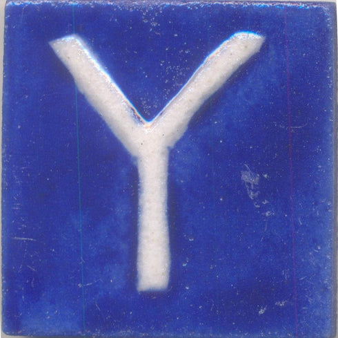 White Y alphabet blue tile (2x2)