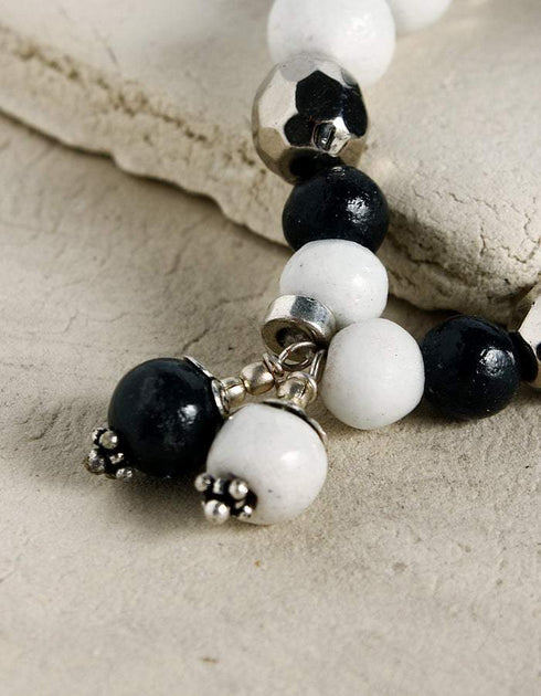 Handmade Stretchable Bracelet With Blue Pottery Beads & Metal Beads - Colour - Black & White