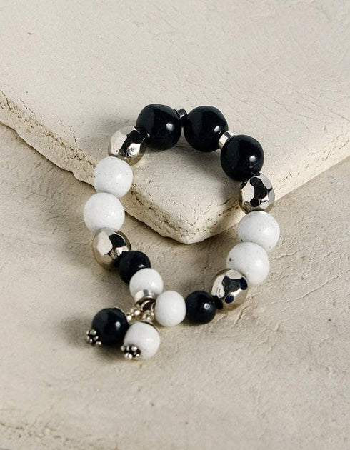 Handmade Stretchable Bracelet With Blue Pottery Beads & Metal Beads - Colour - Black & White