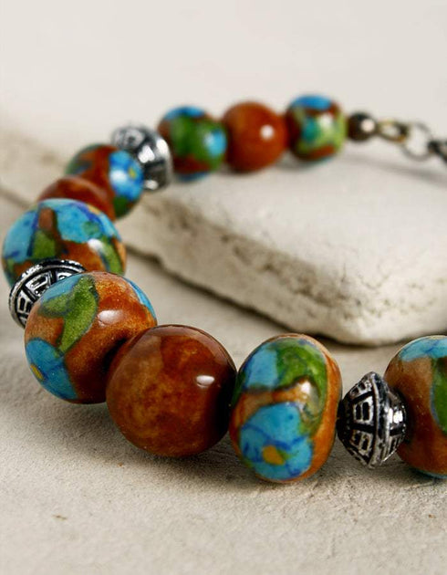 Handmade Round Bracelet With Blue Pottery Beads, Metal Beads & Hook - Colour - Brown & Turqupise