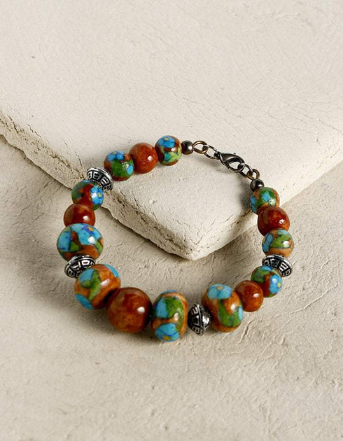 Handmade Round Bracelet With Blue Pottery Beads, Metal Beads & Hook - Colour - Brown & Turqupise