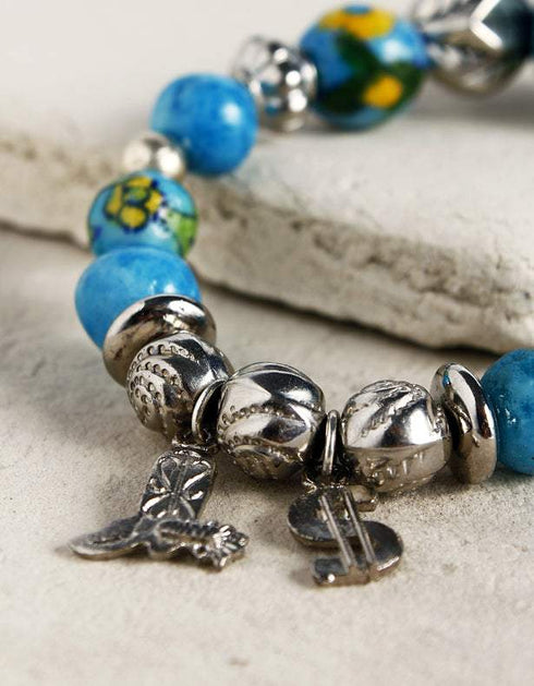 Handmade Stretchable Bracelet With Blue Pottery Beads & Metal Beads - Colour - Turquoise & Yellow