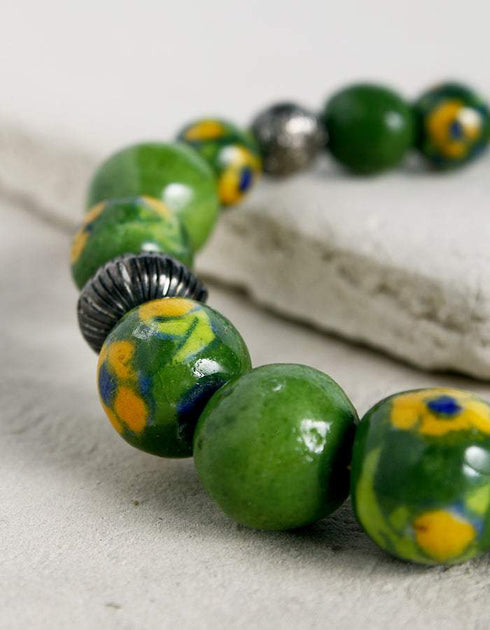Handmade Round Bracelet With Blue Pottery Beads & Metal Beads - Colour Green & Yellow