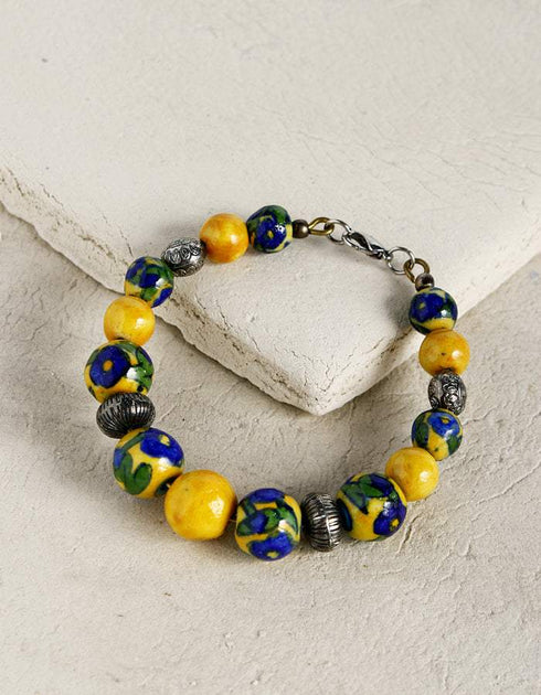 Handmade Round Bracelet With Blue Pottery Beads, Metal Beads & Hook - Colour Yellow & Blue