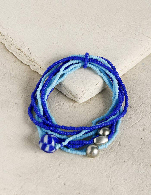 Handmade Single Blue Pottery Bead with Seed Beads & Metal Beads Bracelet - Multi strings (Blue & Turquoise)