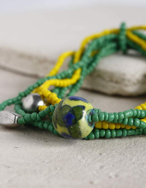 Handmade Single Blue Pottery Bead with Glass Beads & Metal Beads Bracelet - Multi strings (Yellow & Green)
