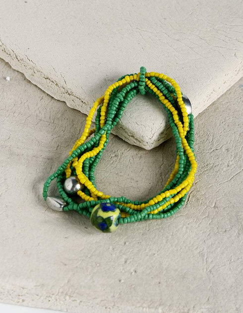 Handmade Single Blue Pottery Bead with Glass Beads & Metal Beads Bracelet - Multi strings (Yellow & Green)