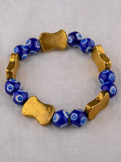 Stretchable Bracelet With Blue Pottery & Metal Beads