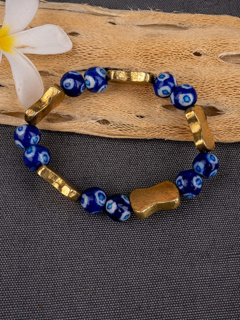 Stretchable Bracelet With Blue Pottery & Metal Beads