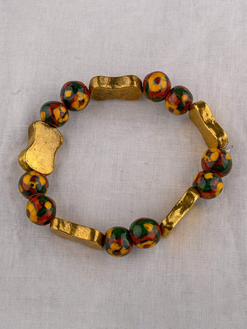 Stretchable Bracelet With Blue Pottery & Metal Beads