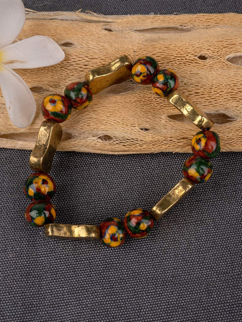 Stretchable Bracelet With Blue Pottery & Metal Beads