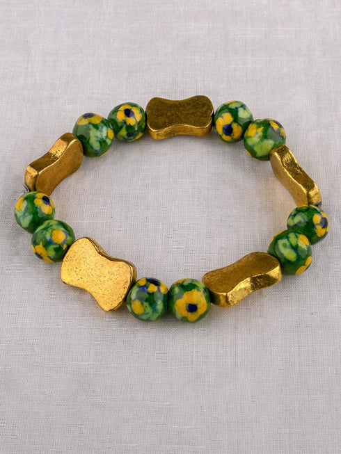 Stretchable Bracelet With Blue Pottery & Metal Beads