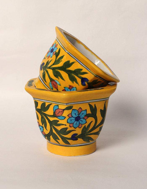 Blue Pottery Handmade Hexagonal Planter Set of 2 Pieces - Yellow Base With Turquoise Flower