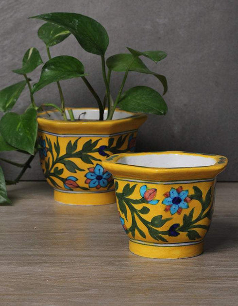 Blue Pottery Handmade Hexagonal Planter Set of 2 Pieces - Yellow Base With Turquoise Flower