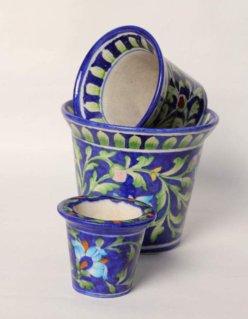 Blue Pottery Handmade Planter Set Of 3 Pieces ( 6 Inches, 4 Inches & 2.5 Inches) - Blue Base With Multi Colours
